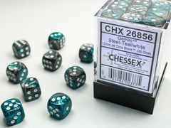36 12mm Steel and Teal w/White Gemini D6 Dice - CHX26856